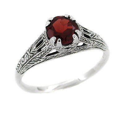 Art Deco Filigree Engraved Almandine Garnet Promise Ring in
