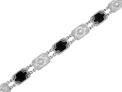 Art Deco Filigree Onyx and Diamond Set Bracelet in 14 Karat White Gold