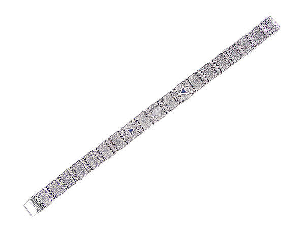Art Deco Filigree Diamond and Sapphire Bracelet in 14 Karat White Gold - Item: GBR126 - Image: 2