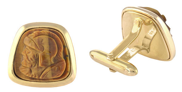 Hand Carved Tiger's Eye Roman Gladiator Cufflinks in 14K Yellow Gold - Item: GCL162 - Image: 2
