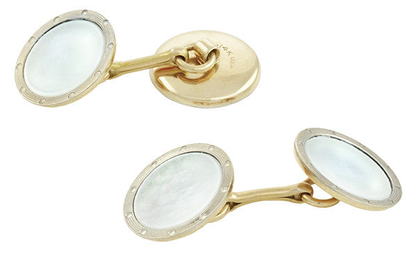 Vintage Ship's Porthole Art Deco Mother of Pearl Cufflinks in 14 Karat Yellow Gold - Item: GCL163 - Image: 2
