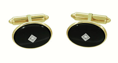 Mid-Century Oval Onyx and Diamond Vintage Cufflinks in 14 Karat Yellow Gold