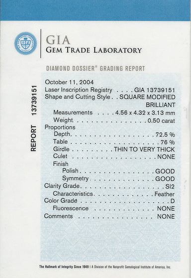 Loose 0.50 Carat Princess Cut Square Diamond D Color SI2 Clarity | GIA Certificate | Natural and Eye Clean - alternate view