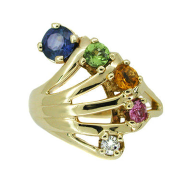 Vintage Rainbow Hand Ring Set with Blue and Pink Sapphires, Peridot, Citrine, and Diamond in 14 Karat Gold