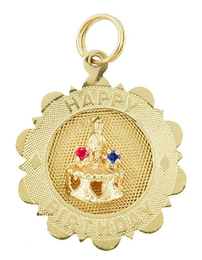 Happy Birthday Cake Charm with Gems in 14 Karat Gold