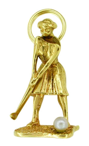 Lady Golfer Moveable Charm in 14 Karat Gold With Pearl - Vintage 1950's Pendant Design