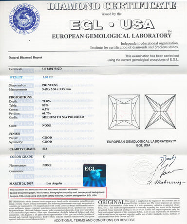 1.00 Carat Loose Princess Cut Diamond Diamond E Color SI3 Clarity with EGL USA Certificate | Natural - alternate view