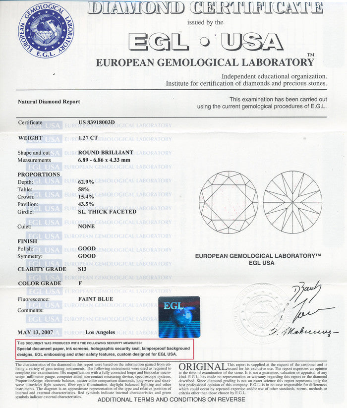 Loose 1.27 Carat Round Diamond F Color SI3 Clarity EGL USA Certified | Natural - Item: D115 - Image: 2