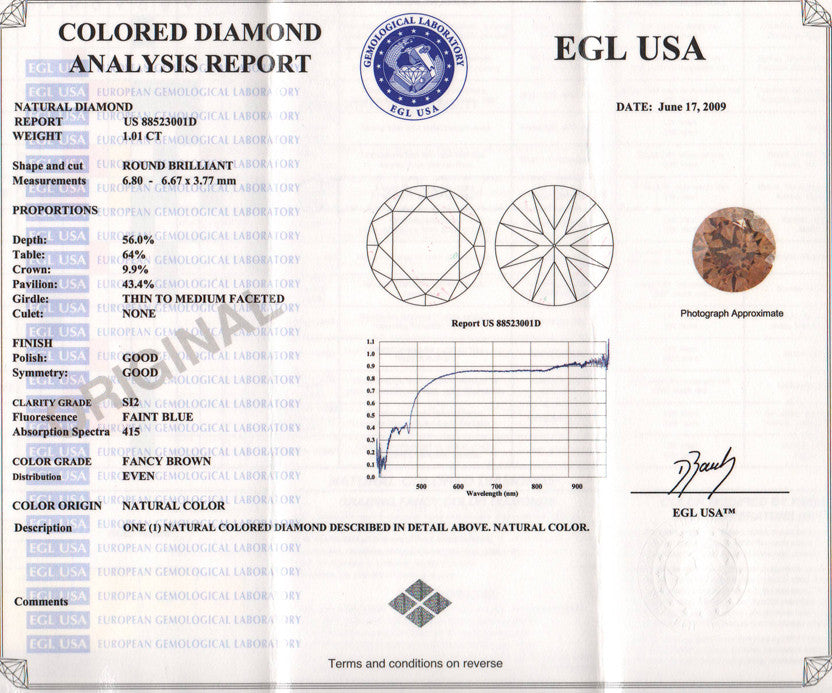 1.01 Carat Velvet Cocoa Fancy Brown Loose Diamond | Natural Color Round Brilliant SI2 Clarity - Item: D169 - Image: 2