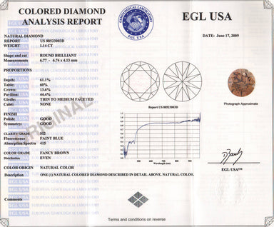 1.14 Carat Cinnamon Color Loose Natural Fancy Brown Diamond | Round Brilliant SI2 Clarity - alternate view