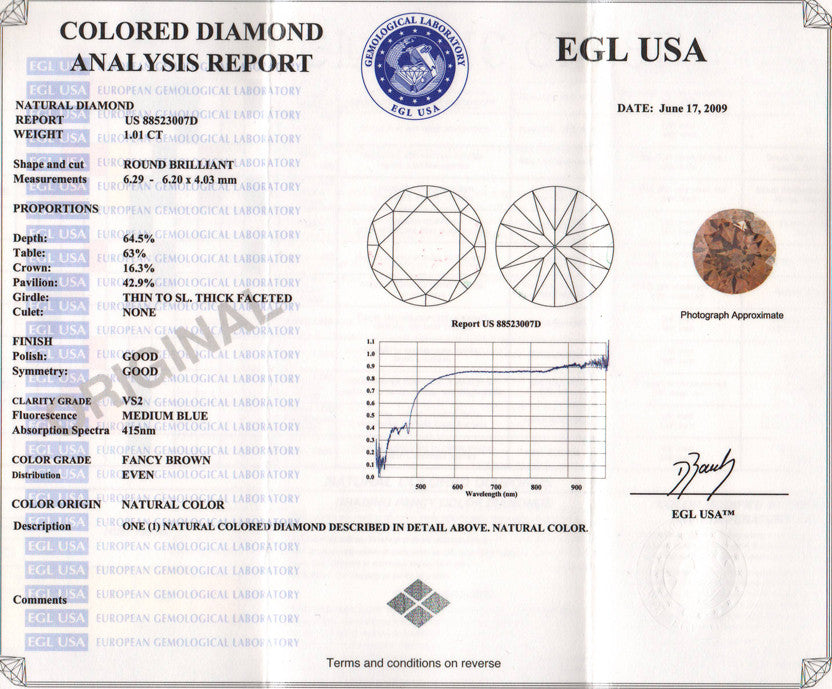1.01 Carat Cognac Hue Natural Fancy Loose Brown Diamond | Round Brilliant VS2 Clarity - Item: D173 - Image: 2