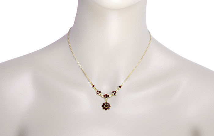 Lovely Victorian Bohemian Garnet Floral Drop Necklace in Sterling Silver and Yellow Gold Vermeil - Item: N112 - Image: 3