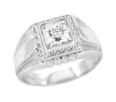 Men's Art Deco Diamond Ring in 14 Karat White Gold