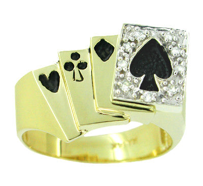 Vintage Men's 4 Aces Diamond Card Player Ring in 14 Karat Yellow Gold