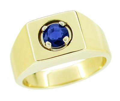 Mens Vintage Style Mid Century Royal Blue Sapphire Ring in Yellow