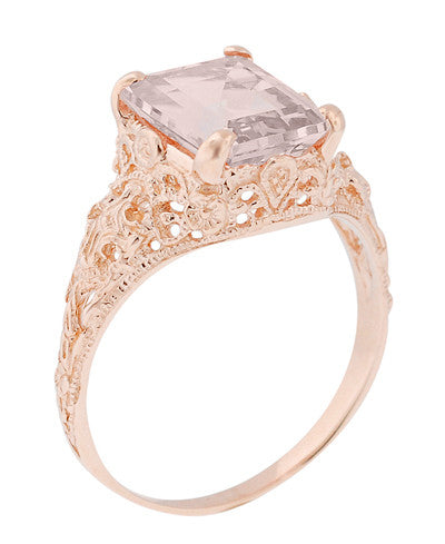 Emerald Cut Morganite Edwardian Filigree Engagement Ring in 14 Karat Rose ( Pink ) Gold - Item: R618RM - Image: 3