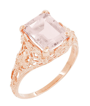 Emerald Cut Morganite Edwardian Filigree Engagement Ring in 14 Karat Rose ( Pink ) Gold - alternate view