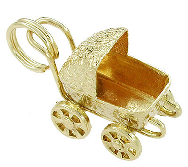 Vintage Movable Baby Carriage Charm in 14 Karat Yellow Gold - Perambulator Charm - C178 