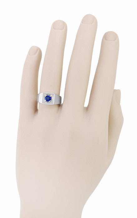 1 Carat Men's Royal Blue Natural Sapphire Ring in 14 Karat White Gold - Item: MR102W - Image: 3