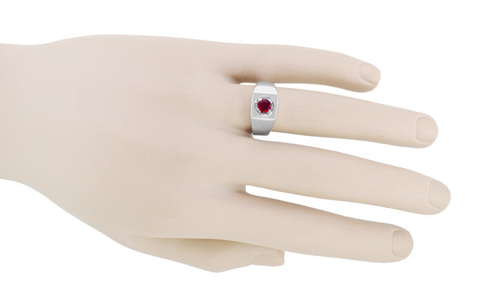 Mid Century Vintage Design 1 Carat Ruby Ring for a Man in 14 Karat White Gold - Item: MR102WR - Image: 3