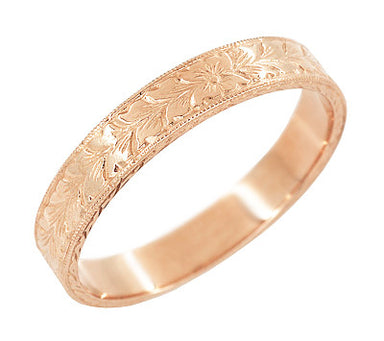 Mens Antique Style Art Deco Engraved Wheat Wedding Ring in 14 Karat Rose Gold - 4mm - alternate view