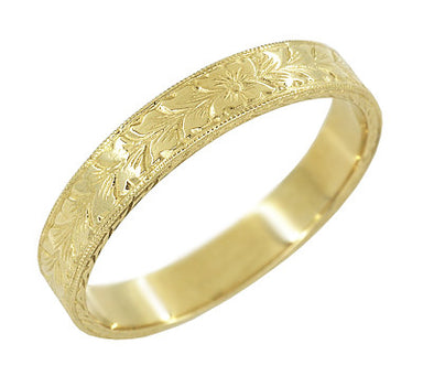 Mens Yellow Gold Antique Style 4mm Wide Art Deco Wheat Engraved Wedding Ring - 10K, 14K or 18K Gold - alternate view