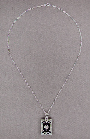 Art Deco Filigree Onyx and Diamond Rectangular Pendant Necklace in 14 Karat White Gold - alternate view