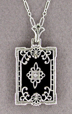 Art Deco Filigree Onyx and Diamond Rectangular Pendant Necklace in 14 Karat White Gold