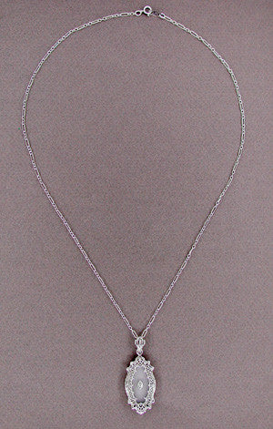 Art Deco Filigree Crystal and Diamond Set Pendant Necklace in 14 Karat White Gold - alternate view