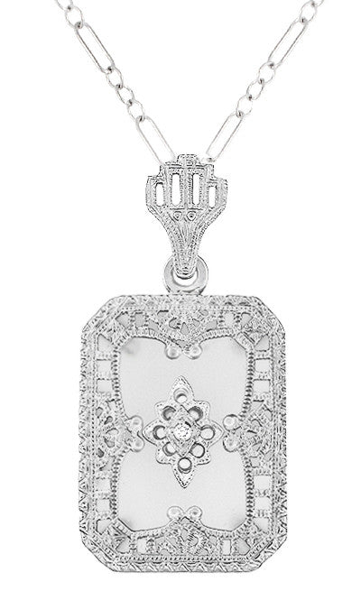 14K White Gold Art Deco Filigree Camphor Crystal & Diamond Rectangular Antique Pendant Necklace - N107W