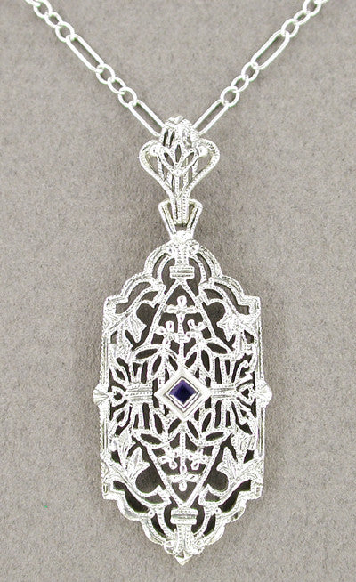 Art Deco Sapphire Filigree Pendant Necklace in 14 Karat White Gold