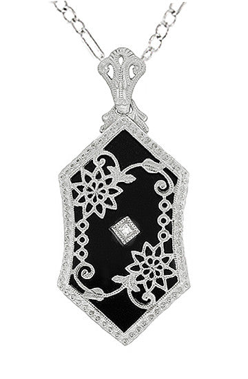 Art Deco Filigree Onyx and Diamond Set Pendant Necklace in 14 Karat  White Gold