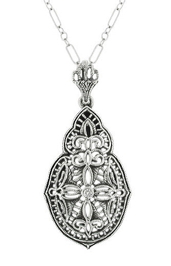 Art Deco Diamond Filigree Pendant Necklace in Sterling Silver