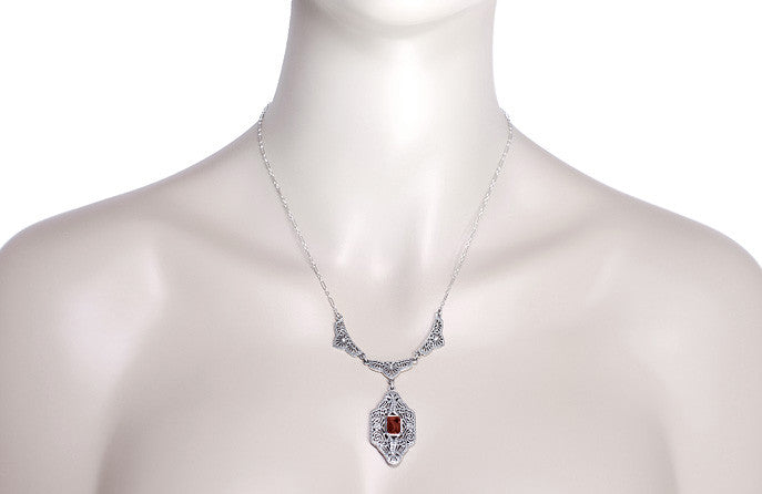 Art Deco Filigree Almandite Garnet Drop Pendant Vintage Necklace in Sterling Silver - Item: N124 - Image: 3