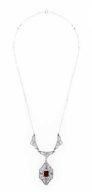 Art Deco Filigree Almandite Garnet Drop Pendant Vintage Necklace in Sterling Silver - alternate view