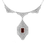 Art Deco Filigree Almandite Garnet Drop Pendant Vintage Necklace in Sterling Silver
