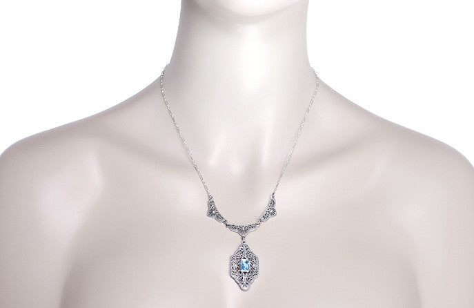 Art Deco Filigree Antique Style Blue Topaz Dangle Drop Pendant Necklac ...