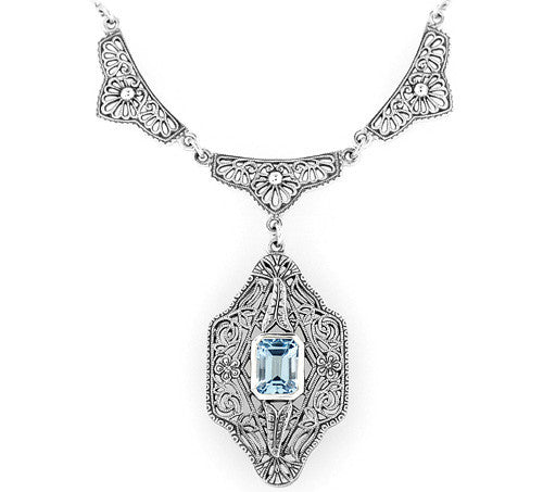 Art Deco Filigree Antique Style Blue Topaz Dangle Drop Pendant Necklace in Sterling Silver