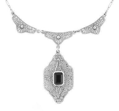 Art Deco Filigree Black Onyx Drop Pendant Necklace in Sterling Silver