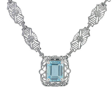 Art Deco Filigree Blue Topaz Drop Pendant Necklace in Sterling Silver