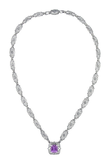Art Deco Filigree Amethyst Drop Pendant Necklace in Sterling Silver - alternate view