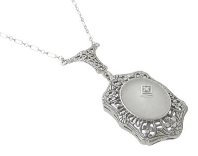 Vintage Camphor Crystal Diamond Pendant Necklace Filigree Sterling Silver - N136