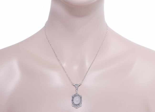 Filigree Art Deco Starburst Camphor Glass Crystal & Diamond Drop Pendant Necklace in Sterling Silver - Item: N136 - Image: 4