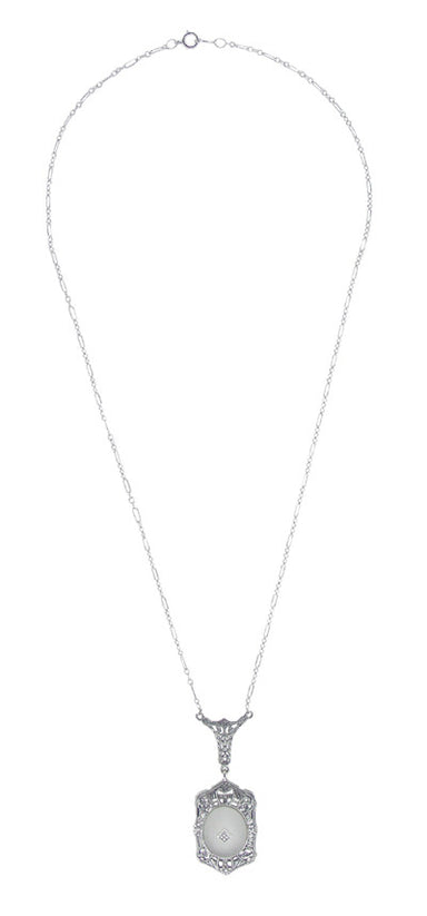 Filigree Art Deco Starburst Camphor Glass Crystal & Diamond Drop Pendant Necklace in Sterling Silver - alternate view
