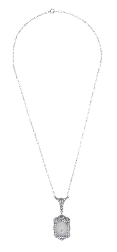Filigree Art Deco Starburst Camphor Glass Crystal & Diamond Drop Pendant Necklace in Sterling Silver - Item: N136 - Image: 2