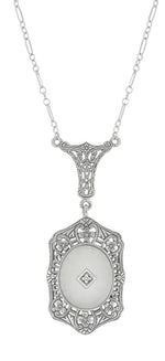 Filigree Art Deco Starburst Camphor Glass Crystal & Diamond Drop Pendant Necklace in Sterling Silver