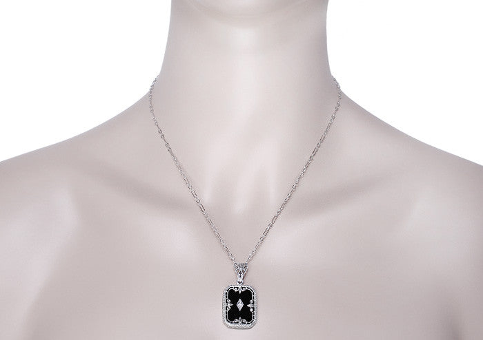 Art Deco Fleur de Lis Filigree Black Onyx and Diamond Pendant Necklace in Sterling Silver - Item: N137 - Image: 3