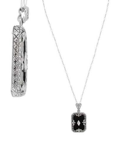 Art Deco Fleur de Lis Filigree Black Onyx and Diamond Pendant Necklace in Sterling Silver - alternate view