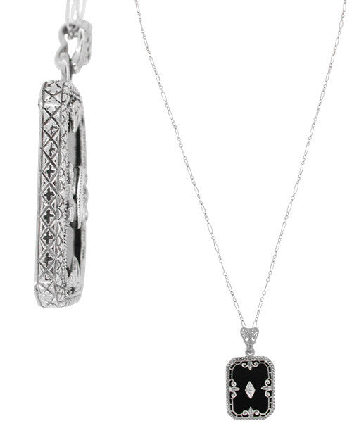 Art Deco Fleur de Lis Filigree Black Onyx and Diamond Pendant Necklace in Sterling Silver - Item: N137 - Image: 2
