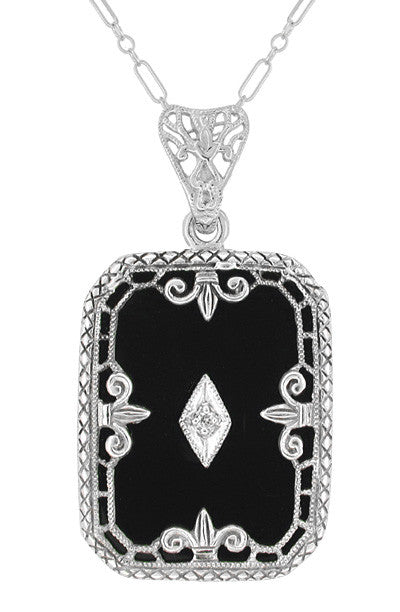 Art Deco Fleur de Lis Filigree Black Onyx and Diamond Pendant Necklace in Sterling Silver